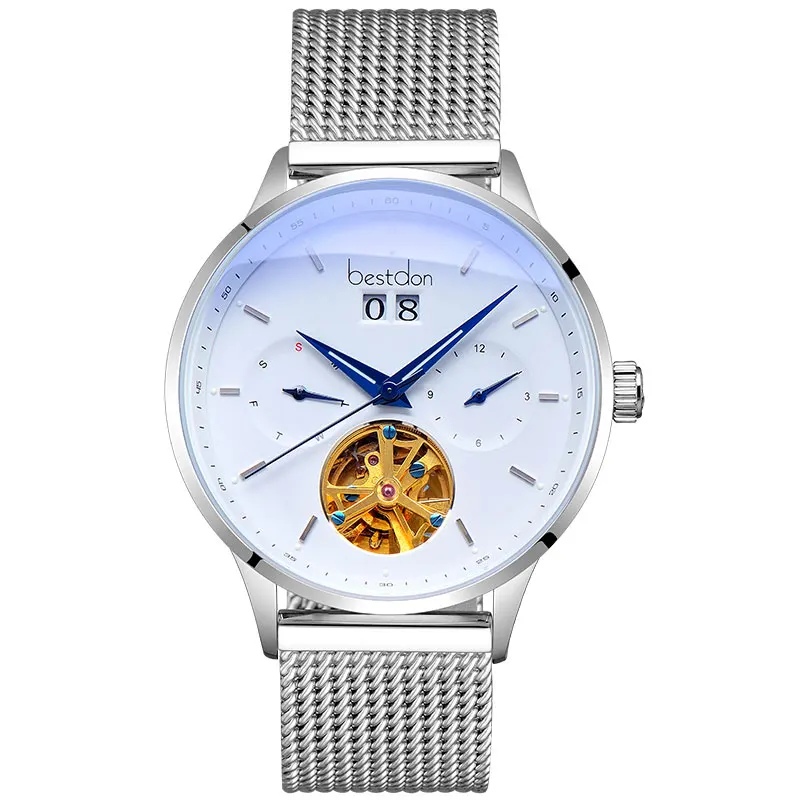 Silver-white-Mesh be Bestdon швейцарские автоматические часы мужские механические водонепроницаемые часы с скелетом модные полностью стальные светящиеся наручные часы с датой пилота - Цвет: Silver-white-Mesh be