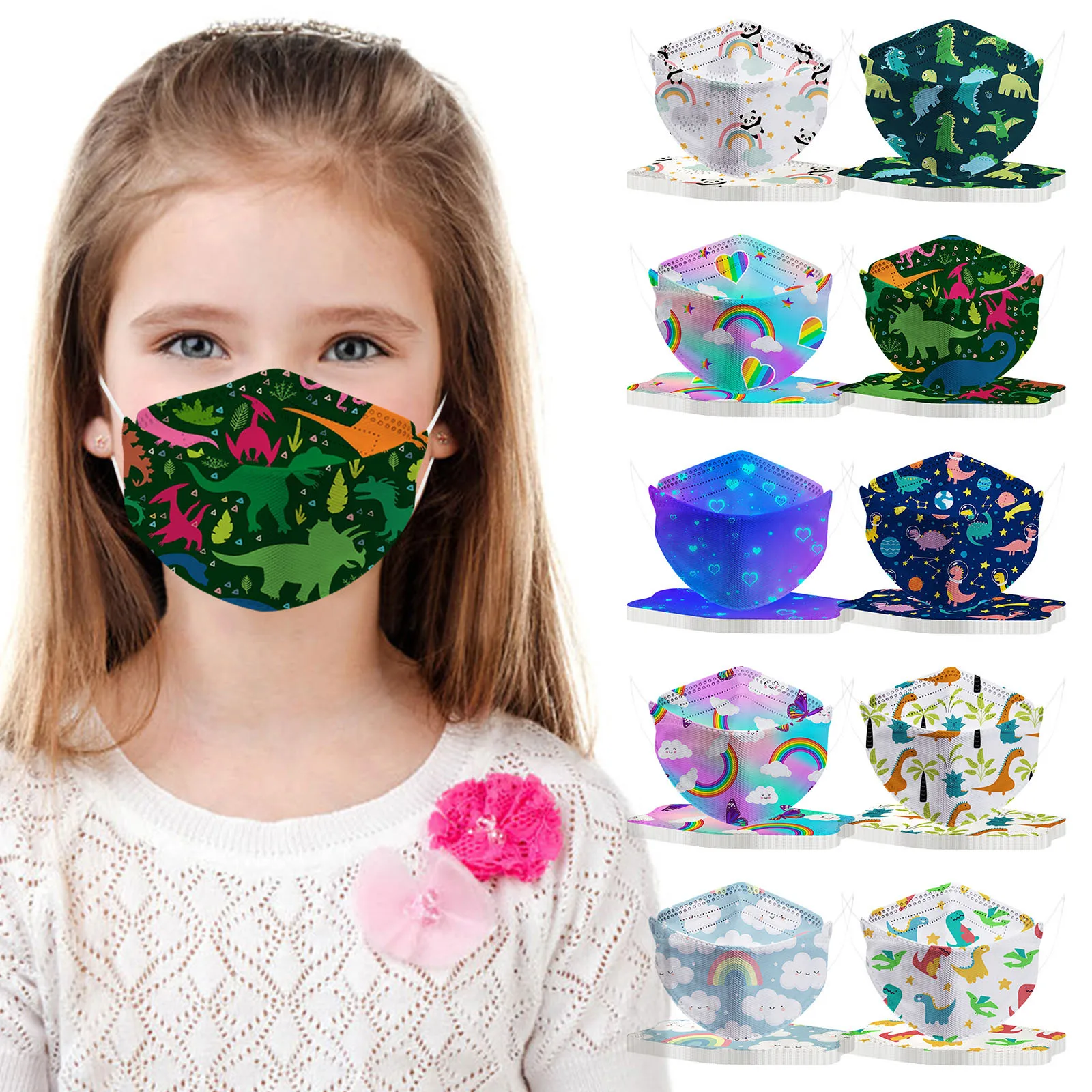 

10pc Kids Protection Masks Dinosaur Cartoon Patterned 4ply Cute Child Girls Breathable Fabric Pm2.5 Mouth Mask Xmas Decoration