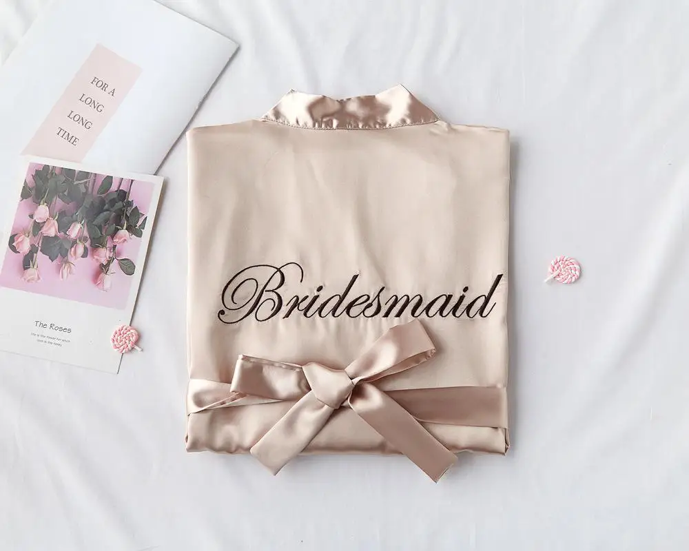 Вышитый свадебный халат цвета шампанского, атласный женский халат-кимоно, сексуальная одежда для сна, халат для подружки невесты, Повседневная Ночная рубашка - Цвет: Champagne Bridesmaid