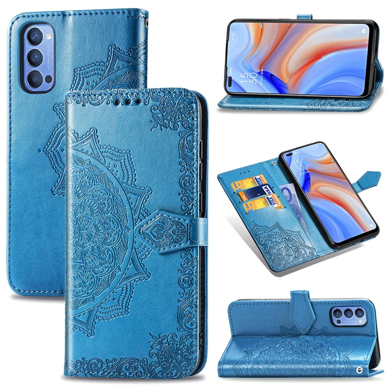 

Flip Wallet Leather Case For OPPO A52 A72 A92 A8 A31 A91 Reno 4 Z Realme X7 Pro C11 C12 C15 A53 3D Mandala Leather Embossed Case