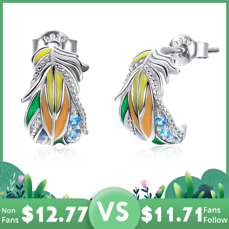 BISAER 2021 New 925 Sterling Silver Fashion Earrings Colorful Feathers Stud Earrings For Women Sterling Silver Jewelry GXE1128