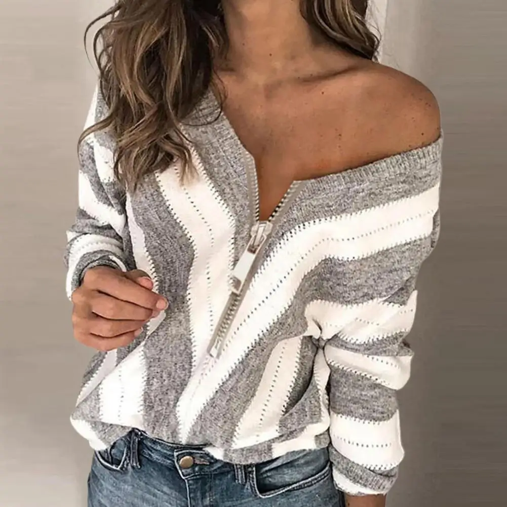 

Женский трикотажный свитер на молнии, с длинным рукавом и V-образным вырезом