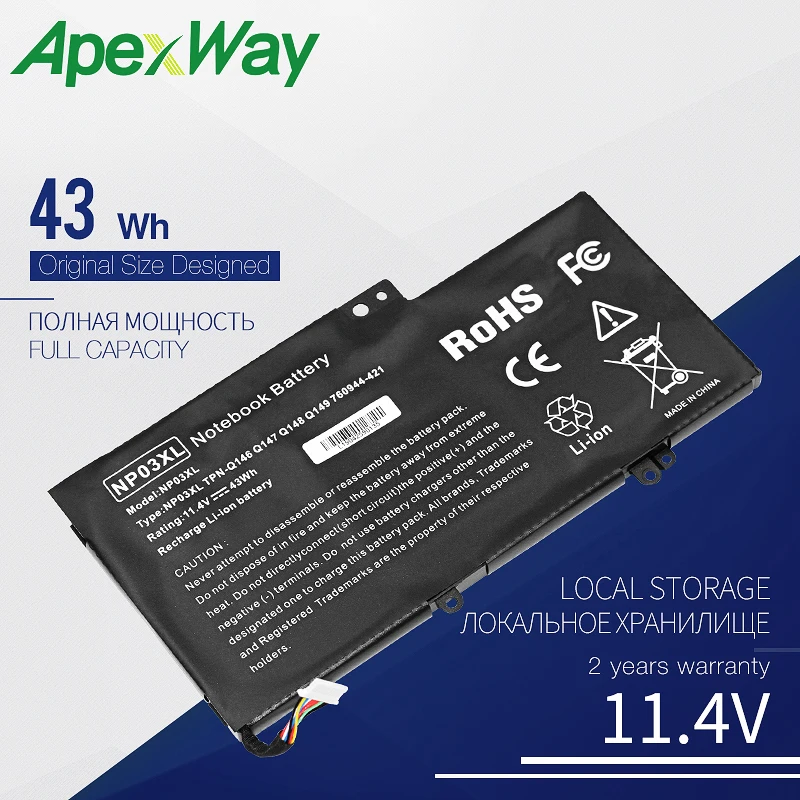 Apexway Аккумулятор для ноутбука NP03XL HP Pavilion X360 13-A010DX TPN-Q146 TPN-Q147 TPN-Q148 760944-421 15-U010DX |