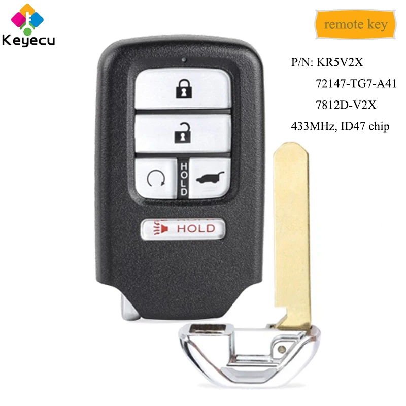 KEYECU Replacement Smart Remote Control Car Key With 4 1/ 5 Buttons &amp 433MHz ID47 Chip - FOB for Honda Pilot 2016-2018 KR5V2X |