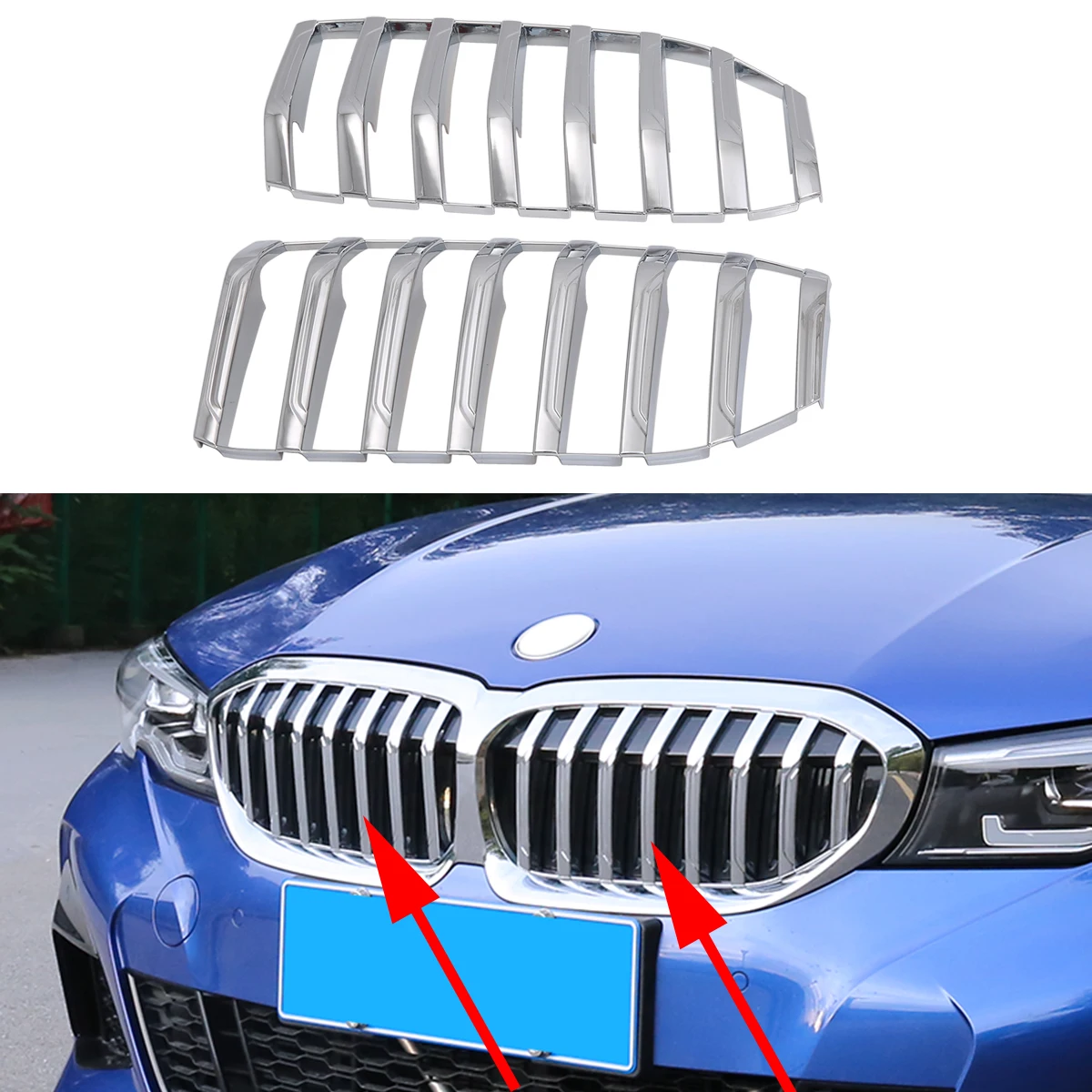 

2pcs Car Accessories Front Bumper Center Grille Insert Chrome Decoration Cover Trim For BMW 3 Series G20 2019-2021