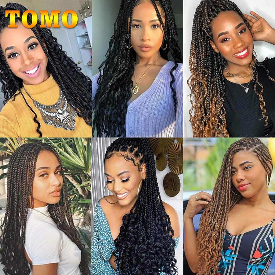 TOMO Box Braids Crochet Hair 14 18 24 Inch 3X Goddess Box Braids Crochet Braids With Curly Ends Ombre Synthetic Braiding Hair images - 6