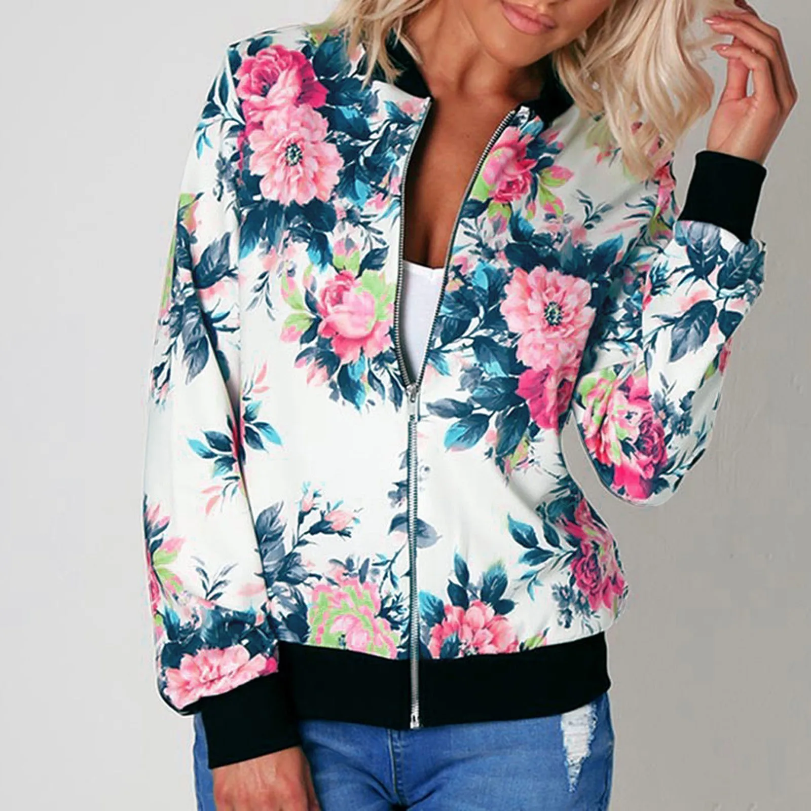 

Женская куртка-бомбер с цветочным принтом, куртка на молнии без капюшона, топ, свободная короткая приталенная модная женская блузка, свитшо...