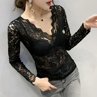 5716 sexy lace t shirt women deep v neck see through t shirt for women hollow out tight top basic t shirt female korean fashion