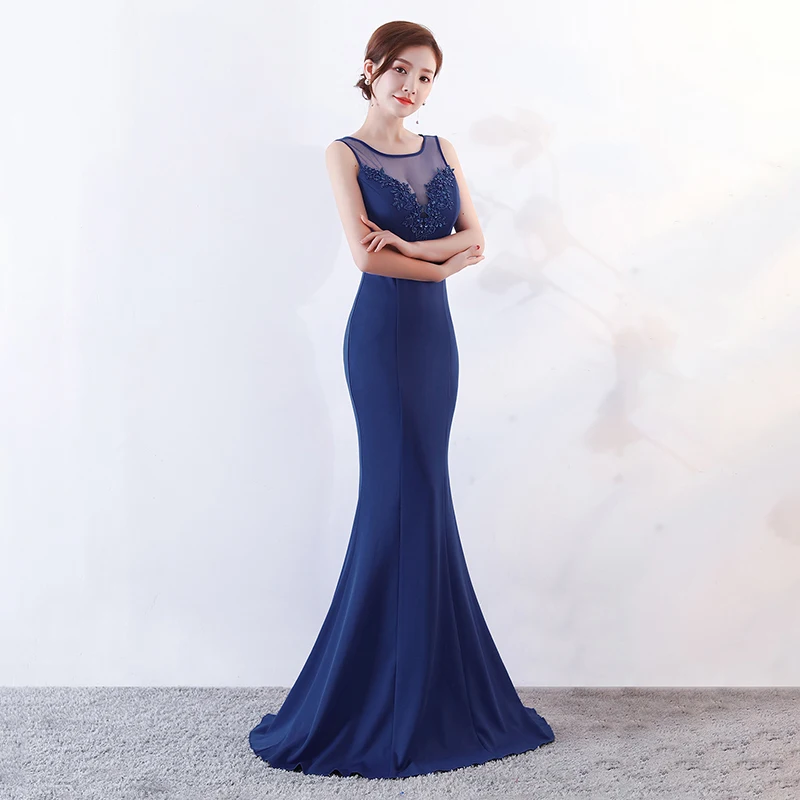 

Fromal Party Dresses Women Illuison O-neck Sleeveless Appliques Simple Trumpet Floor-length Plus size Zipper Evening Dress R1201