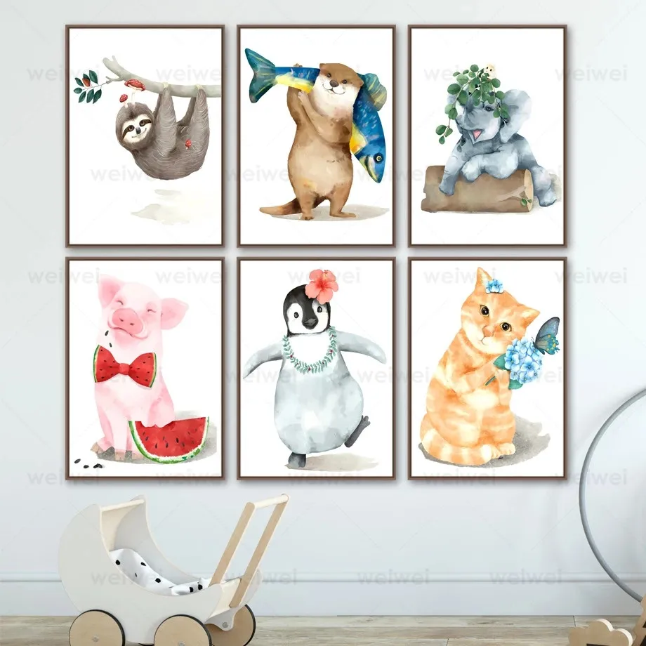 

Elephant Sloth Penguin Pig Otter Nursery Wall Art Canvas Painting Nordic Posters and Prints Wall Pictures Baby Kids Room Decor