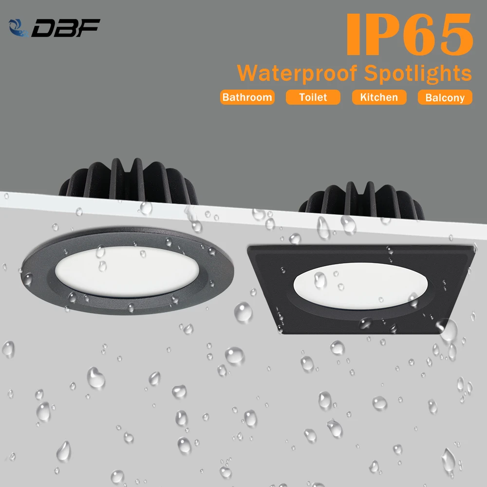 [DBF]IP65 Waterproof LED Spot Light 5W 7W 9W 12W 15W Round/Square Recessed Spot Lights Bathroom Ceiling Light 3000K/4000K/6000K