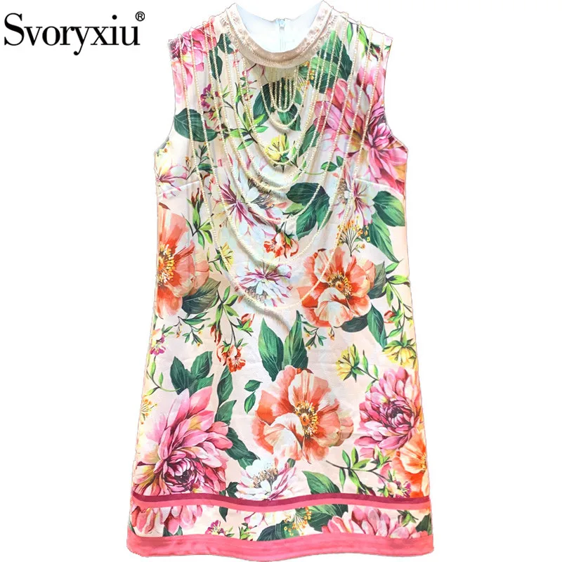 

Svoryxiu Runway High-End Autumn Short Dress Women's luxury Crystal Beaded Tassel Lace Flower Print Elegant Sleeveless Dress