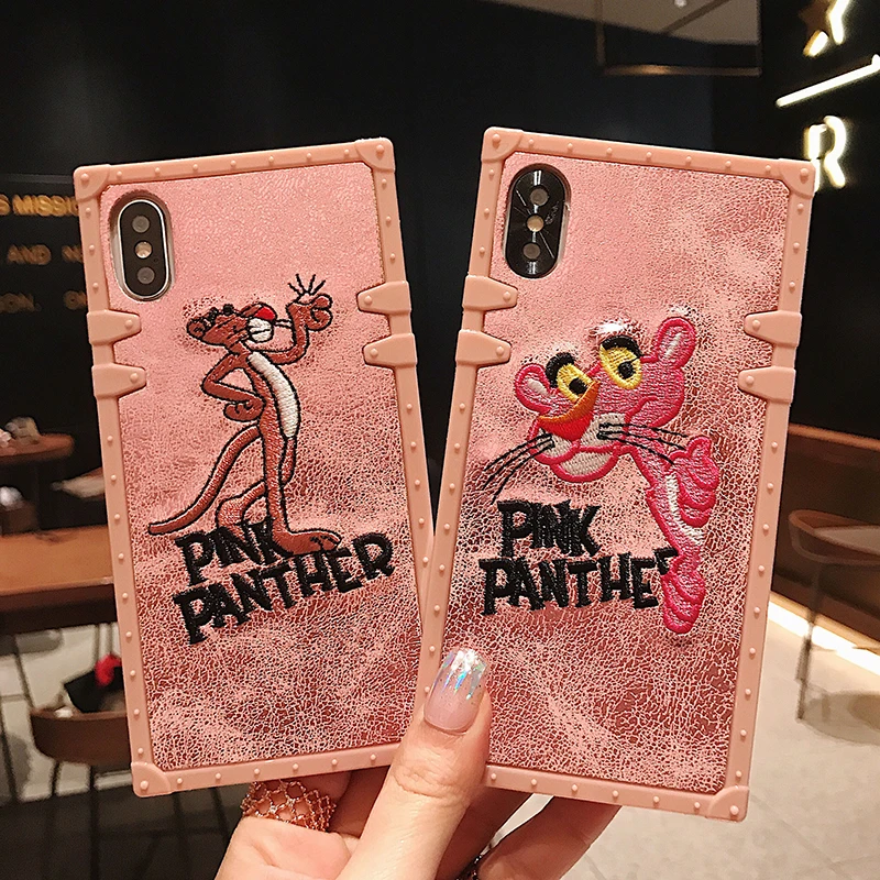 

Luxury Embroidery Pink Panther Square Silicone Case For Xiaomi Mi 10 Redmi 7 7A 9 Redmi Note 7 8 8T 9 9s PRO Cute Cartoon Cover