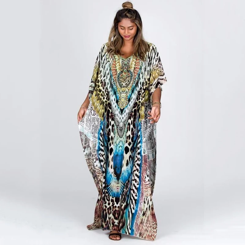 

Plus size Bohemian Dress Kaftan Beach Robe Plage Tunic for Beach V neck Loose Women Causal Long Dress Pareo Ladies Party Dress