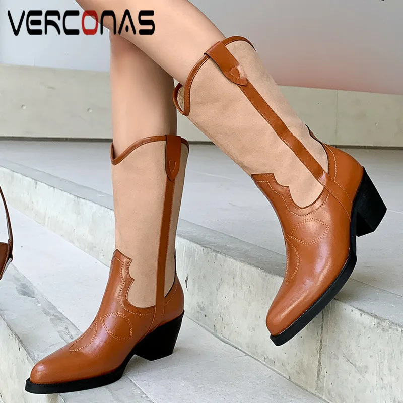 

VERCONAS Retro Elegant Woman Mid-Calf Boots Autumn Winter Warm Genuine Leather Party Basic Office Lady Prom Brand Shoes Woman