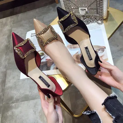 

2021 new style rhinestone square buckle mid-heel pointed shallow mouth fashionable and comfortable shoes with heel