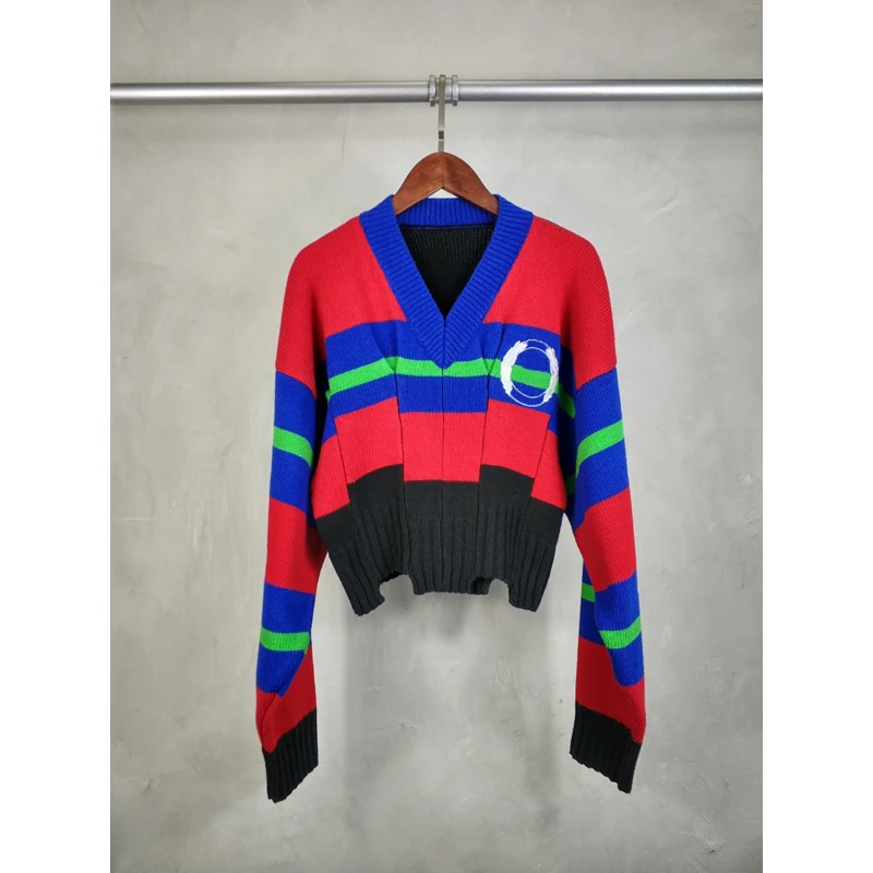 

Hot Sale! Vintage 11.16 Fashion High End Contrast Color Striped Patchwork Embroidery Sweater Knitwear Women V-neck Knit Pullover