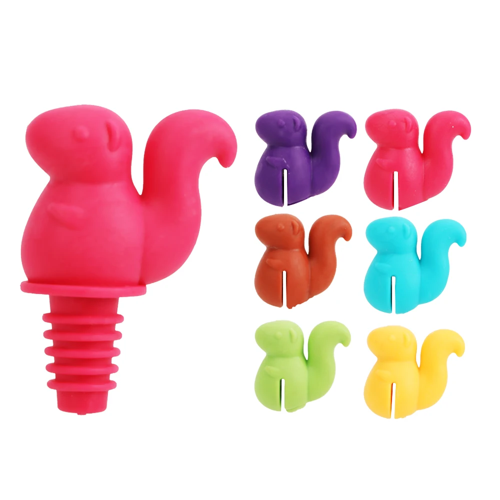 7 pcs/set Cute Squirrel Shape Wine Bottle Stopper Wine Cork Plug Drink Cup Mixproof Silicone Marker Rubber Wine Glass Label