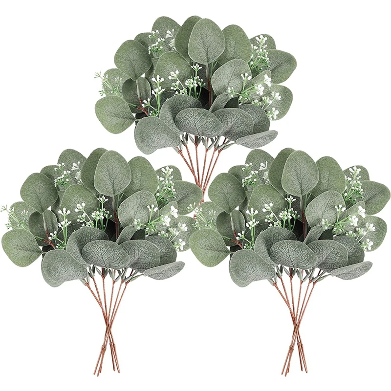 

24Pcs Artificial Seeded Eucalyptus Leaves Stems Faux Silver Dollar Eucalyptus Plant Branches For Wedding Holiday Decor