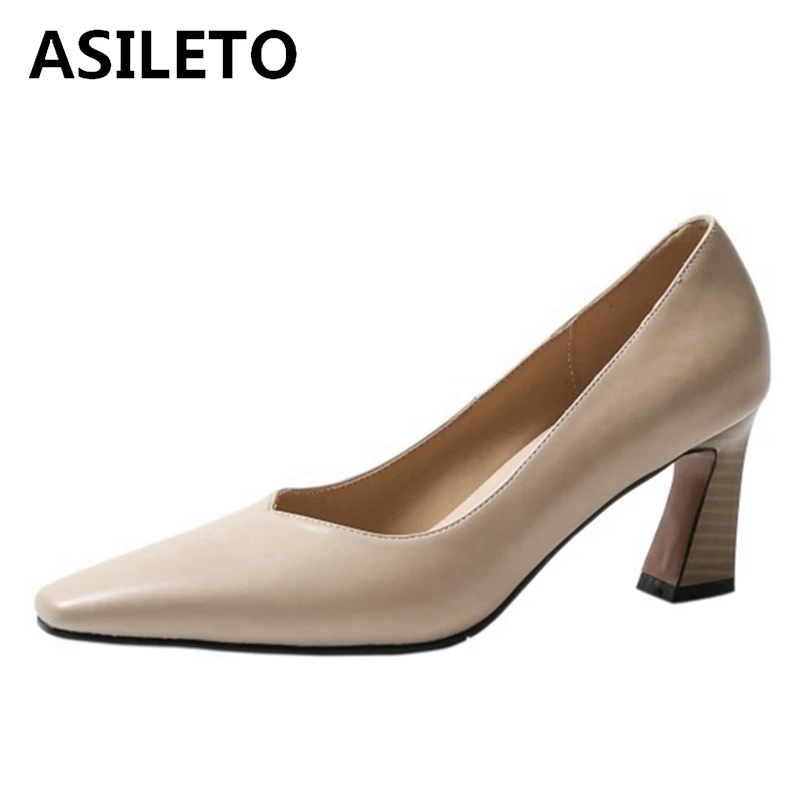 

ASILETO 2021 New Genuine Leather Ladies Pumps Daily Dress Slip On Square Toe Spool Heel 7.5cm Size 34-40 Apricot Beige A4319