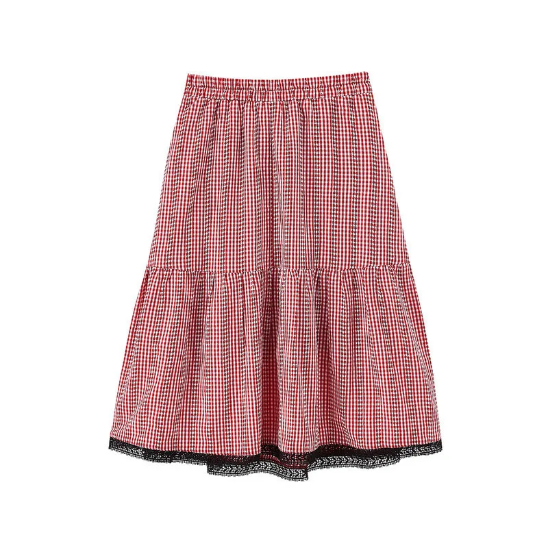 

INMAN Spring Autumn School Academic Style Retro Plaid Elastic High Waist A Line Flower Swing Decoration Skirt