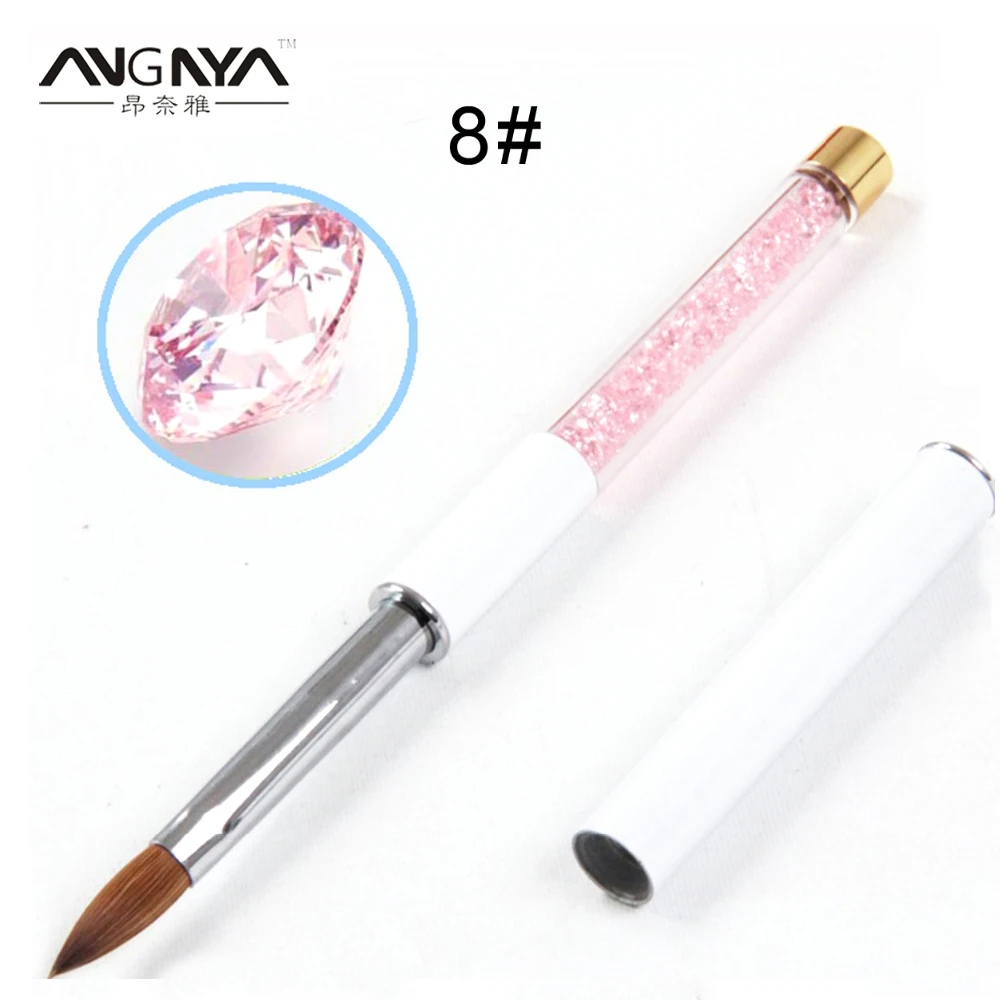 SIZE 8 ANGNYA/1 шт., акриловая кисть для маникюра из колинского соболя 2#4#6#8#10#, розовые стразы, декорированные металлическими ручными кистями для ногтей, сделай сам, для рисования ногтей - Цвет: SIZE 8
