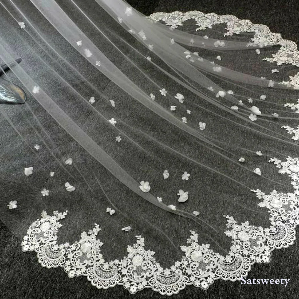 Фата свадебная женская с 3D цветами мягкая Тюлевая аппликацией по краям для