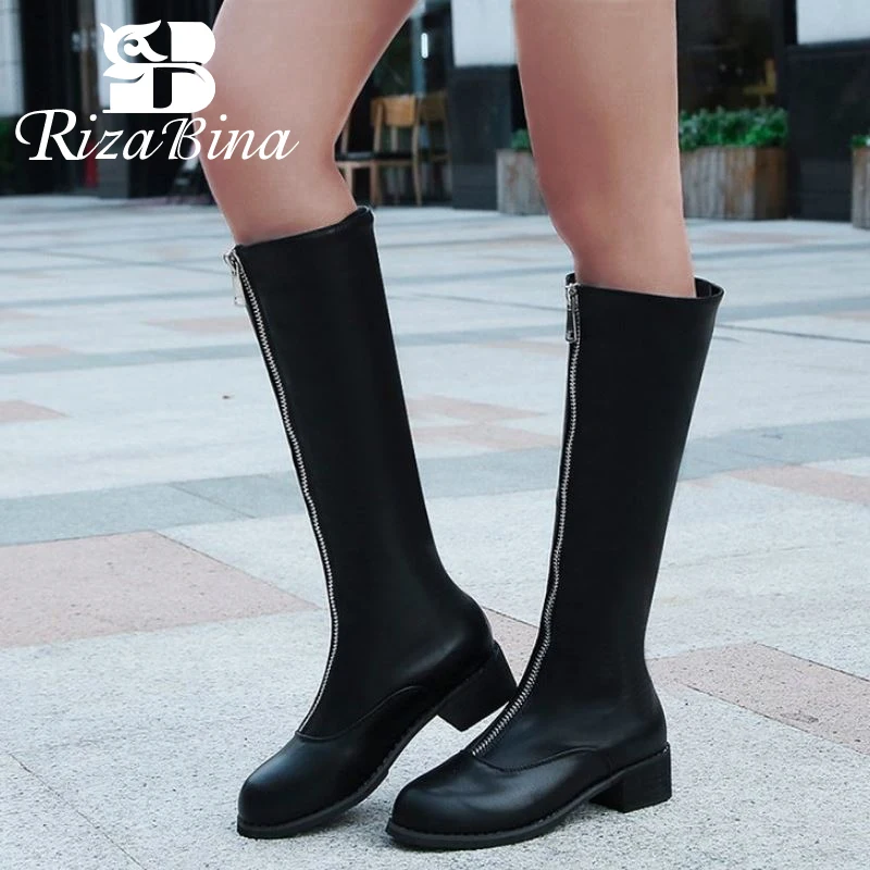 RIZABINA/Сапоги до колена женские мотоботы на молнии с круглым носком толстом