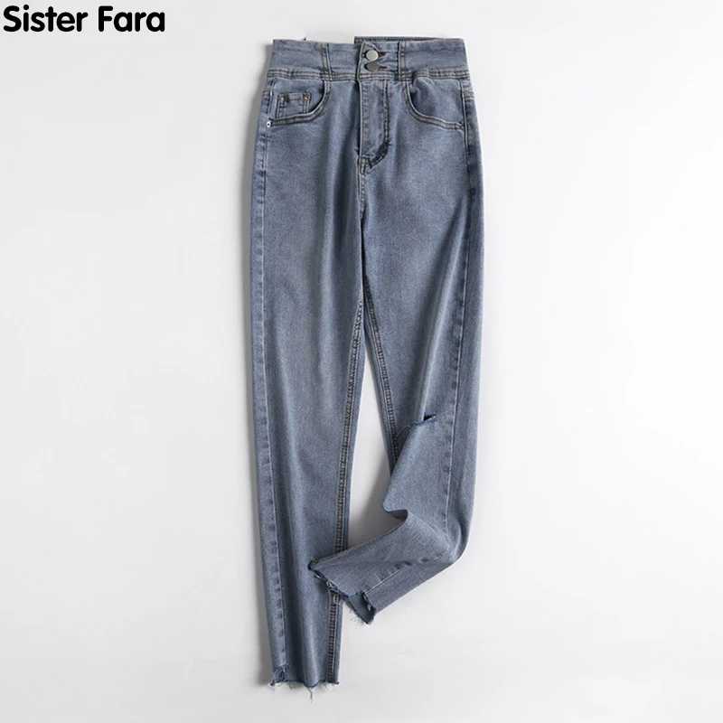 

Sister Fara New Spring 2021 Ripped Denim Jeans for Women High Waist Zipper Double Button Full Length Trousers Solid Jeans Female
