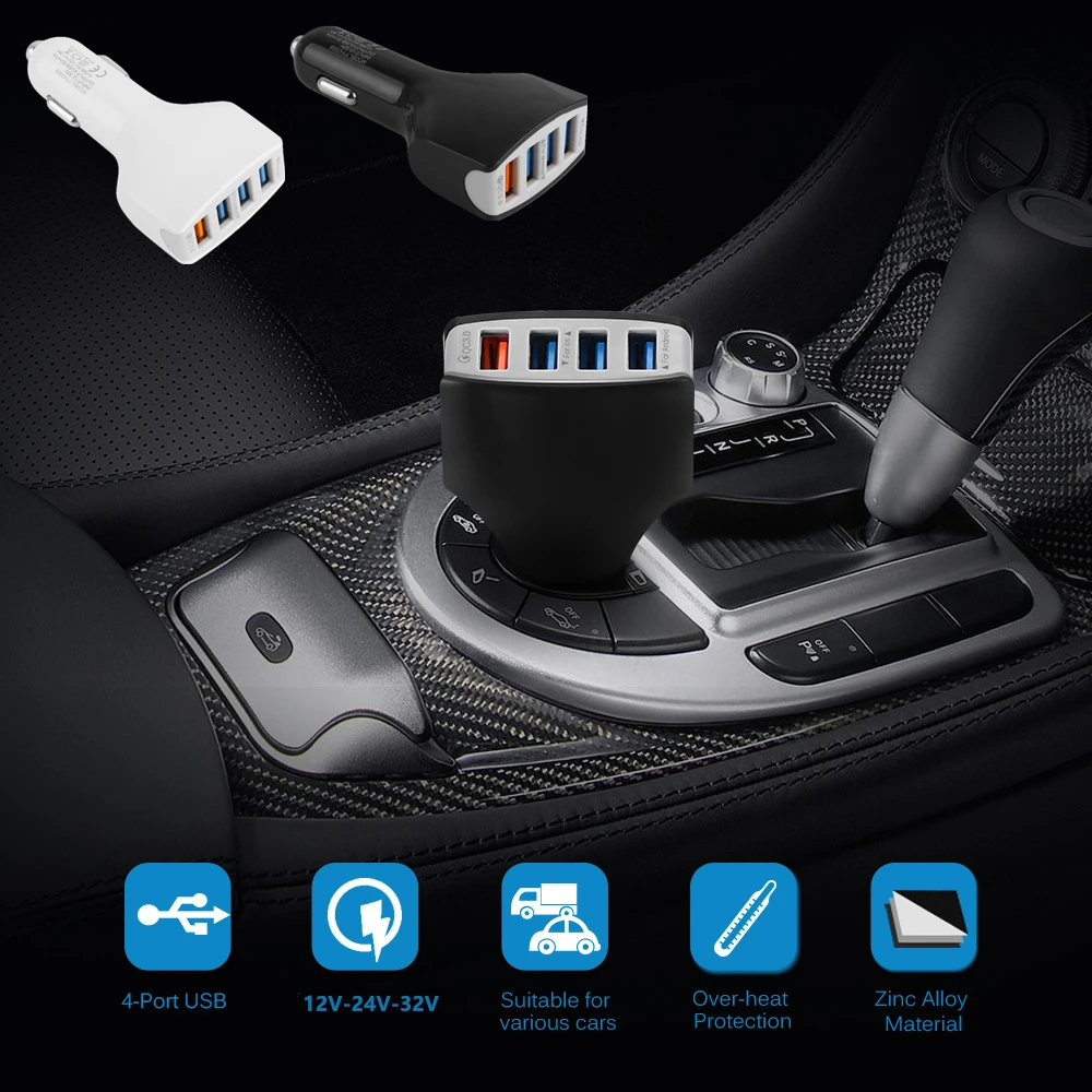 

Car Phone Charger with 4 USB Port Quick Charge 3.0 for iPhone Samsung Xiaomi Redmi Huawei Universal Cellphone Charge 12V-32V
