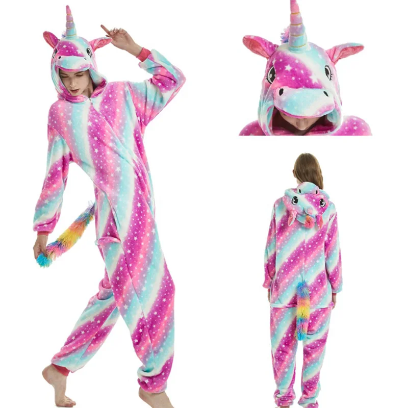 Big Mouth Unicorn Рождество Пижамы Для Женщин Теплый Сгущает Зиму Пижамы Kigurumi Единорог Пижамы Синий Стежка Животных Симпатичные С Капюшоном Унисекс Взрослых Домашней Одежды - Цвет: Big Mouth Unicorn