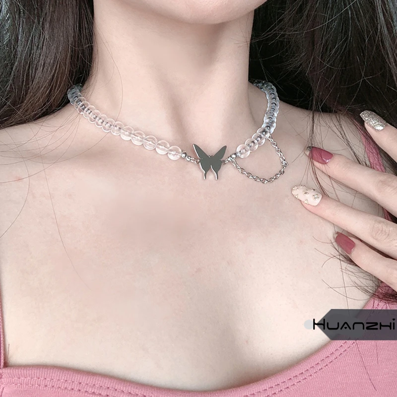

HANGZHI 2020 New Transparent Beading Choker Short Chain Necklaces Butterfly Love Necklaces For Women Girls Party Jewelry Gift In