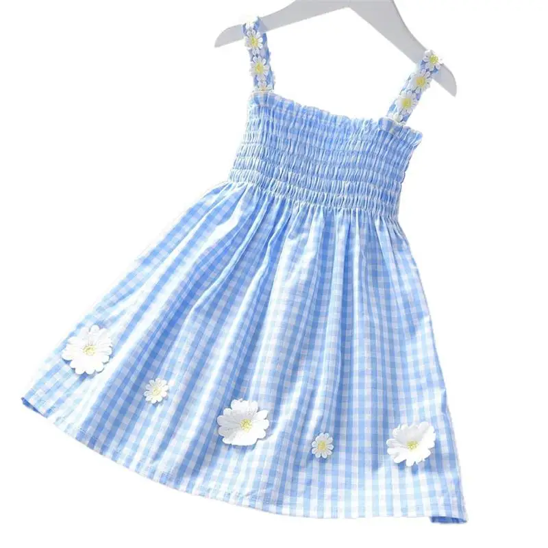 

2021 New Plaid Dress Girl Princess Cotton Sleeveless Off-shoulder Suspender A-line Skirt Daisy Embroidered Dress