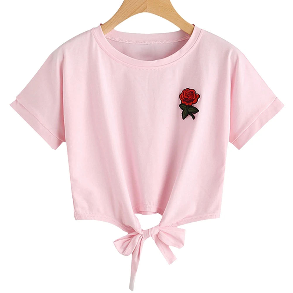 Женская футболка с вышивкой роз модная летняя круглым вырезом и коротким рукавом