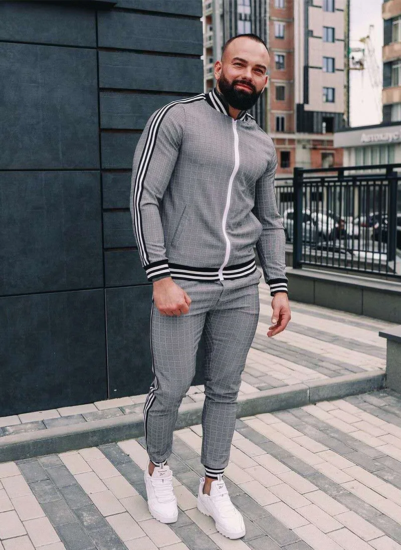 

New Zipper Set Colorful Plaid Men Casual Autumn Tracksuit Set Male Sweatshirt Pocket Fashion Jackets Men Tracksuit Sets Mens set