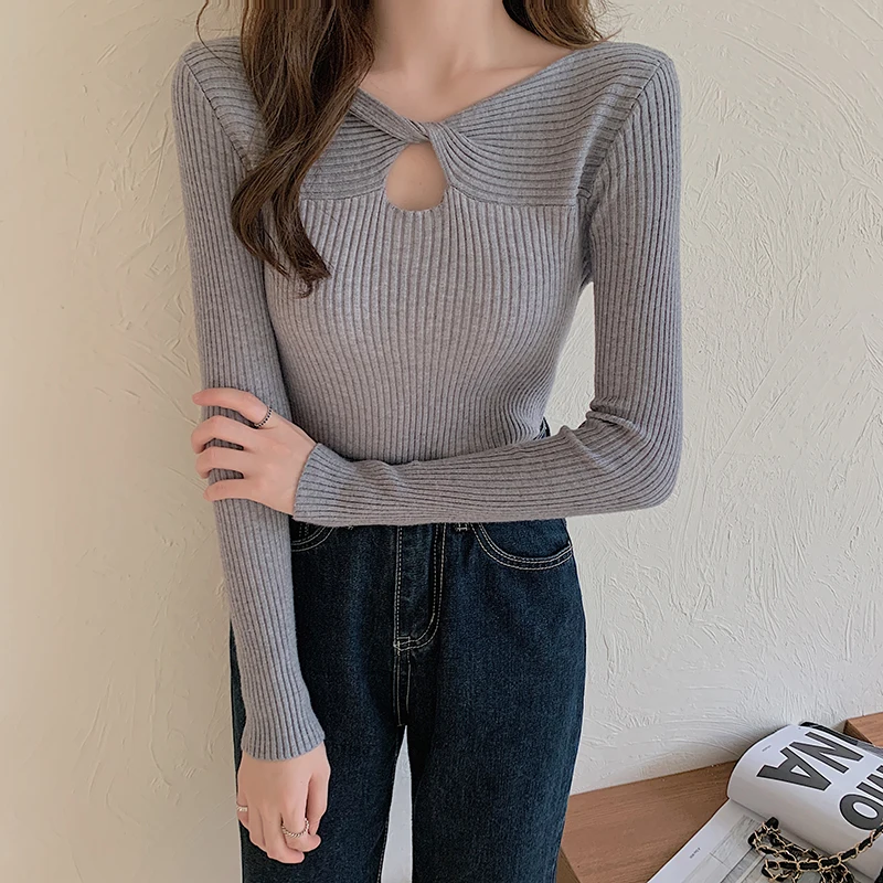 New Autumn Winter Fashion Twist Together V-neck Pullovers Knitted Ladies Sweater Womens Solid Slim Long Sleeve Top | Женская одежда