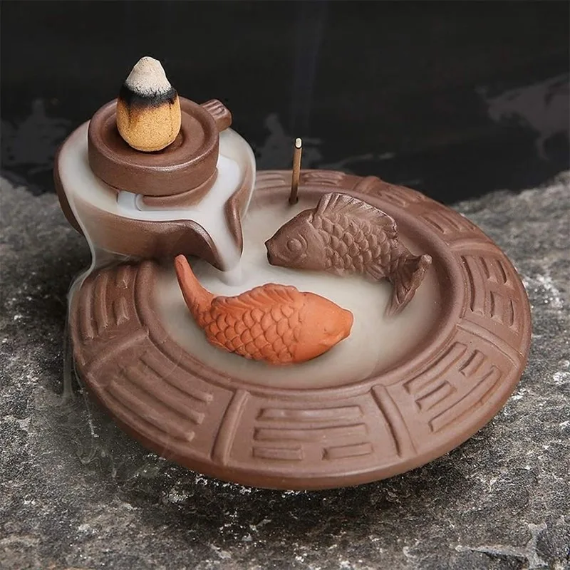 

Fish Modeling Backflow Incense Burner Luck Zen Ceramic Aroma Stove Purple Sand Vintage Handicraft Incense Holder Fountain