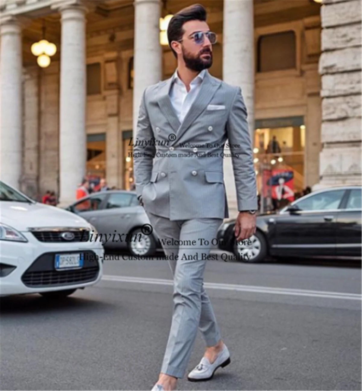 

Classic Fashion Double-Breasted Men's Grey Suit Groomsmen Wedding Terno Masculino Slim Fit Suits Casual Custom Costume Homme