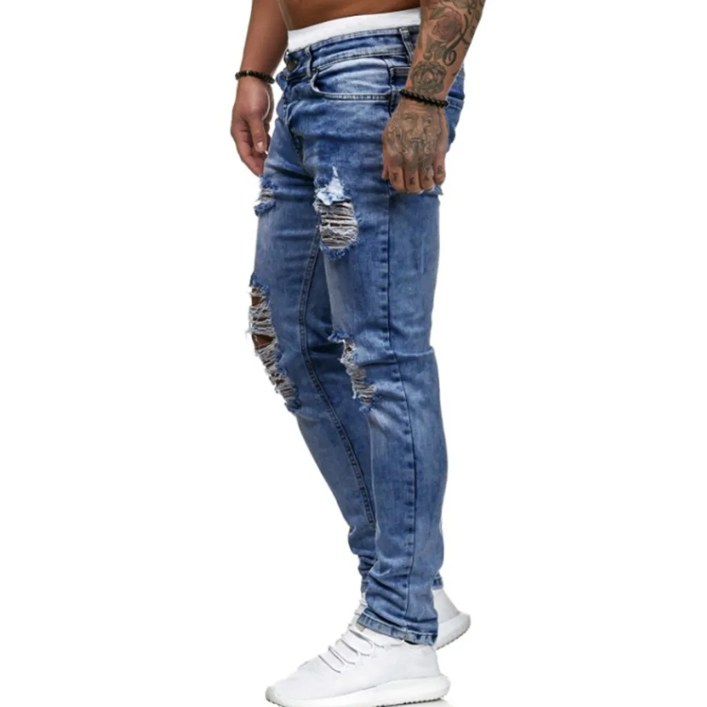 Рваные джинсы для мужчин повседневные облегающие брюки slim Fit из денима в