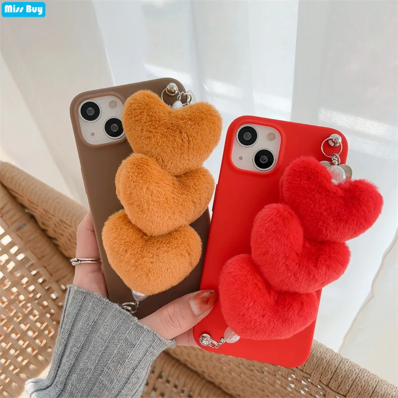 

Plush Love Heart Wristband Phone Soft Cases For Samsung Galaxy A11 A21 A41 EU A31 M20 M21 M30 M31 M31s F62 M80s Silicone Cover