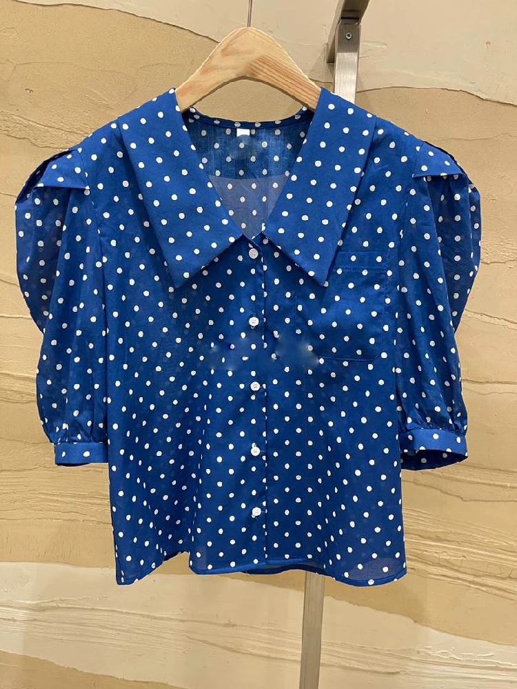 

2021 Summer Korean Version of The New Lapel Polka Dot Puff Sleeve Loose Fashion Temperament Shirt Top Women Trendy Ladies Tops