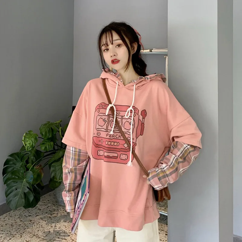 

Kawaii Fashion Oversize Hoodie Women Soft Girl Cute Bear Graphic Sweatshirt Harajuku Vintage Plaid Ruffle Kpop Christmas Clothes