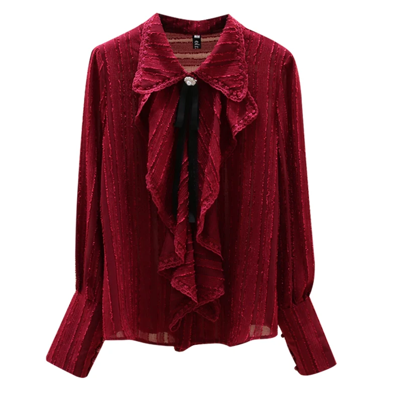 

Women Autumn New Temperament Ruffled Collar Chiffon Shirt Fashion Korean Style Blouse Long-Sleeved Top Female GX1443