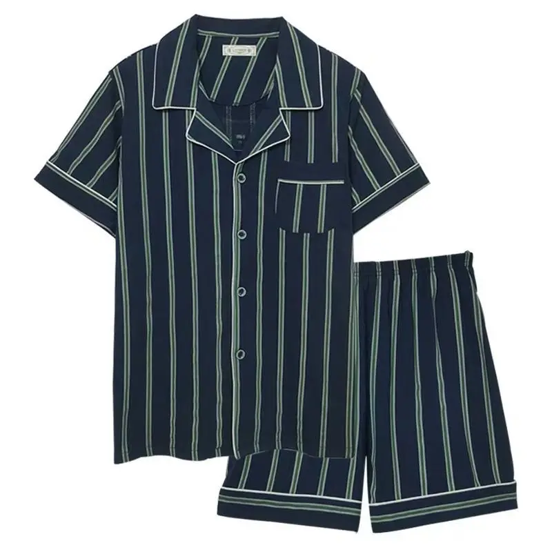 

Japanese Retro Striped Thin Summer Pajamas for Lovers: Two Piece Student Short Sleeve Home Wear for Men and Women