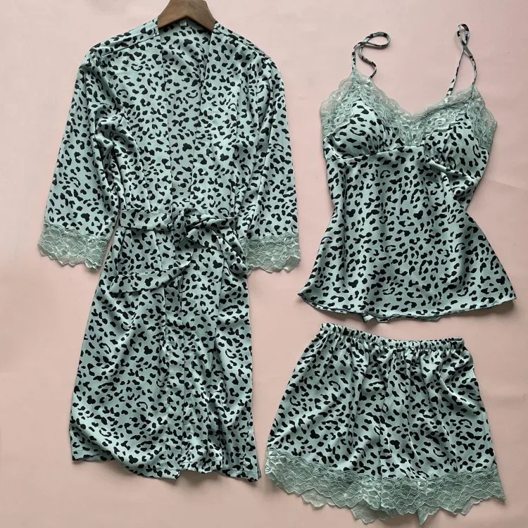 

Sleepwear Women Sexy 3PCS Pajamas Suit Sleep Set Satin Summer Nightwear Loose Novelty Lace Pyjamas Casual Intimate Lingerie