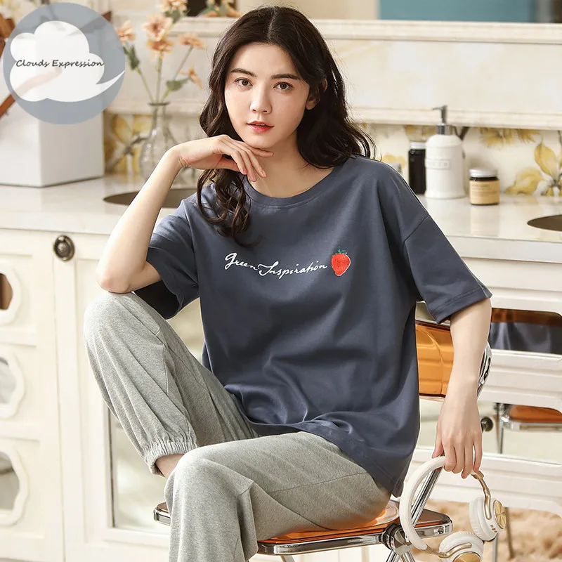 Летняя брендовая футболка с короткими рукавами вязаное хлопковое женские пижамы