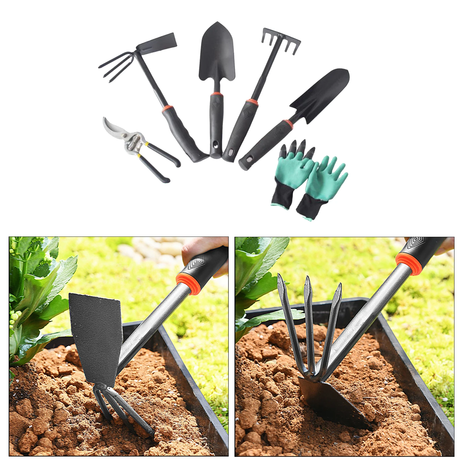 

6 Piece Gardening Tools Trowel Rake Hoe Work Weeding Scarifying Pruning