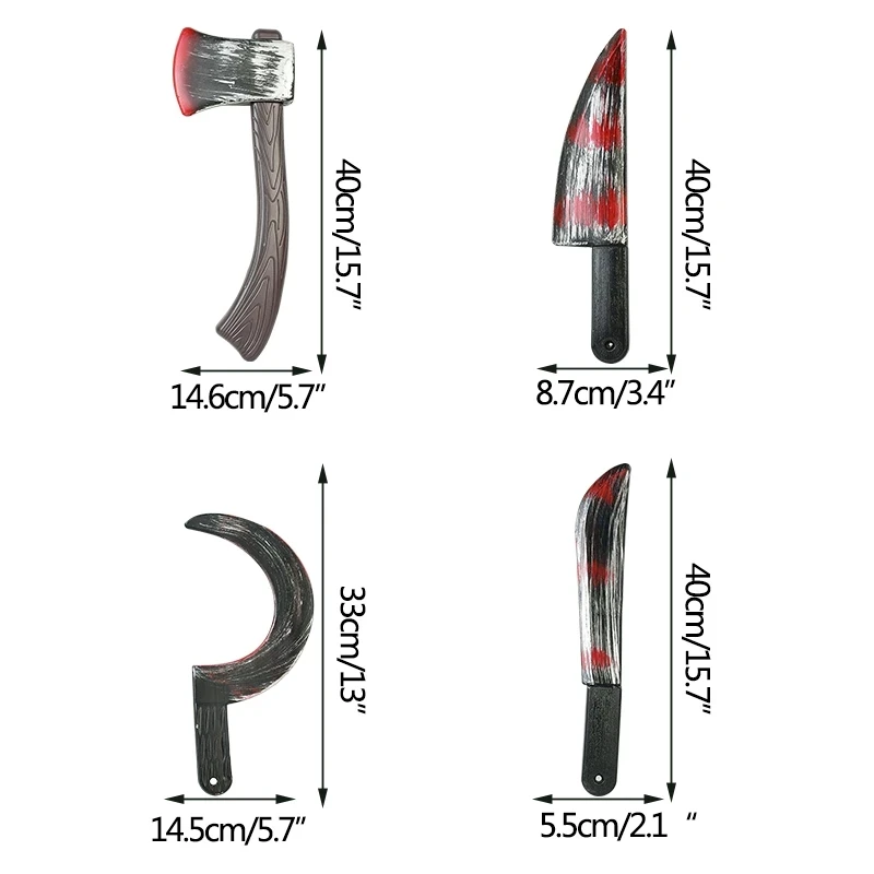 

4Pc Halloween Plastic Fake Bloody Props Weapon Knife Ax Sharp Cleaver Sickle Role-Playing Horror Toy Halloween Party DIY