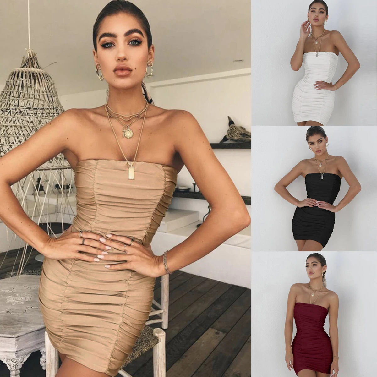 

Dresses For Women New 2021 Summer Solid Color Stitching Sexy Tube Top Nightclub Fold Bag Hip Dress Temperament Commuter Vestido
