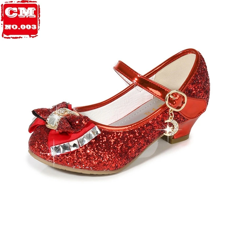

Блестящие Детские вечерние туфли для девочек на каблуках с блестками и бантом красные туфли для принцессы танцевальные детские туфли для д...